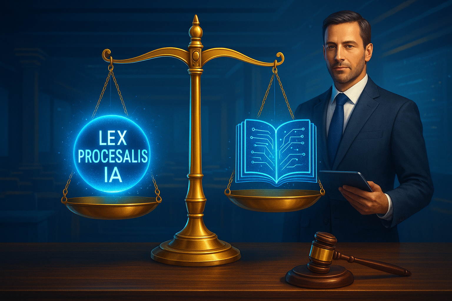 Balanza dorada y sello Lex Procesalis IA